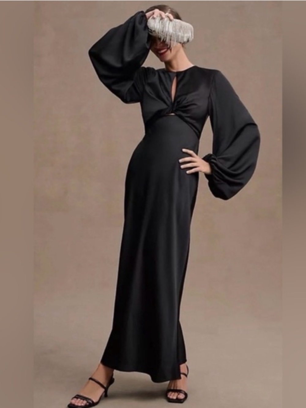Black Long-Sleeve Twist-Front Maxi Dress